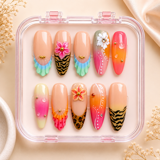 Sunset Safari Press-On Nails, Tropical Summer Glam Nail Set