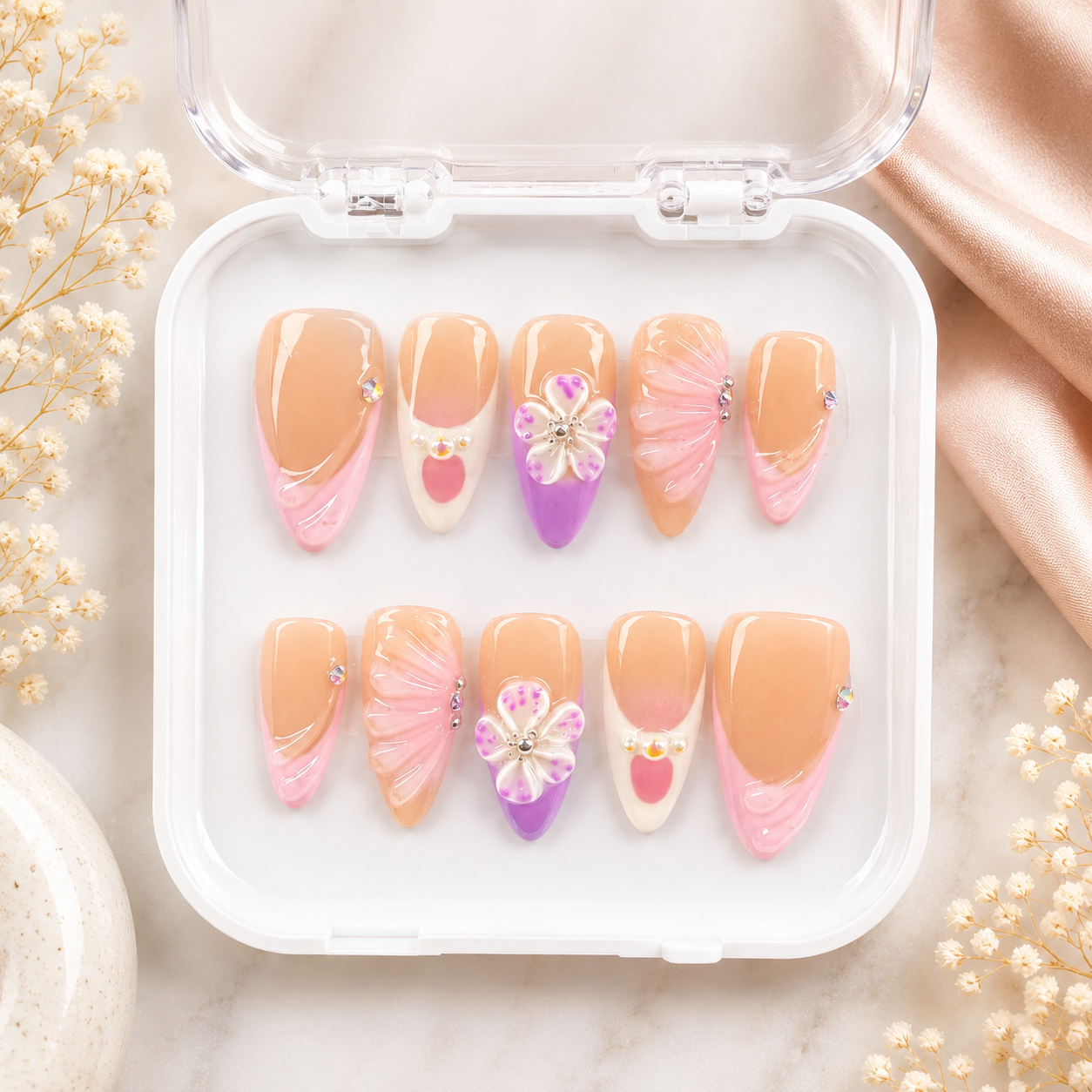 purple floral summer press on nails