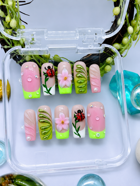 Ladybug Bloom Press-On Nails – Cute Spring Garden Nail Set
