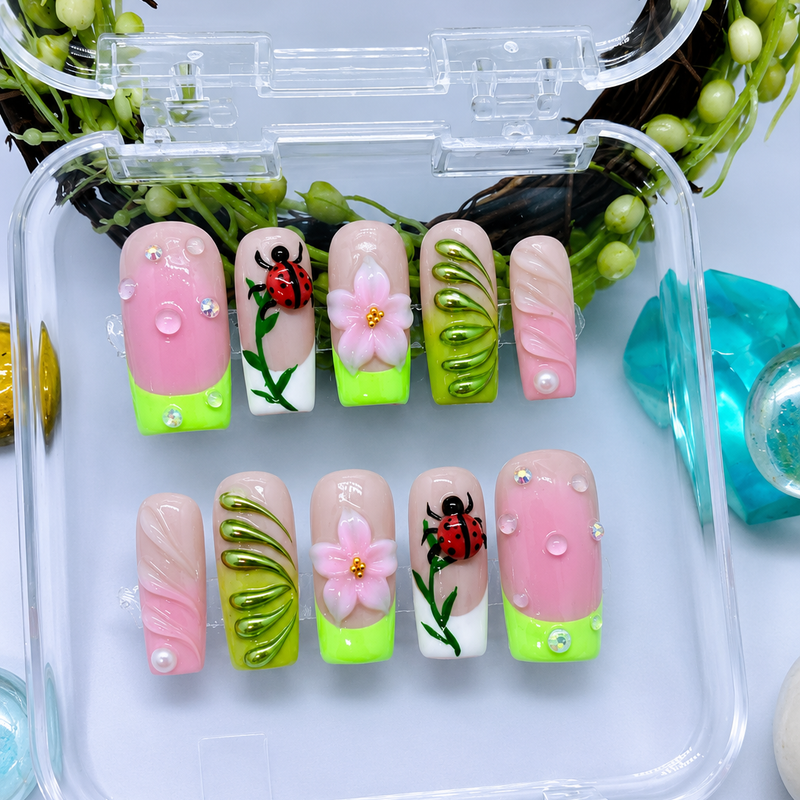 Ladybug Bloom Press-On Nails – Cute Spring Garden Nail Set