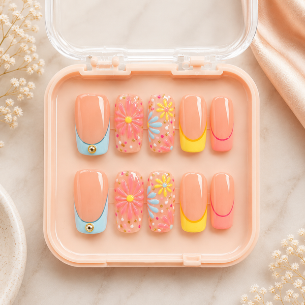 Pastel Bloom Press-On Nails – Colorful Floral Summer Nail Set