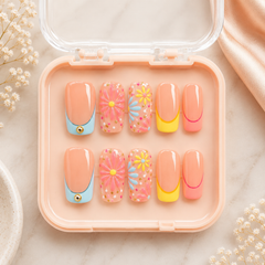 Pastel Bloom Press-On Nails, Colorful Floral Summer Nail Set