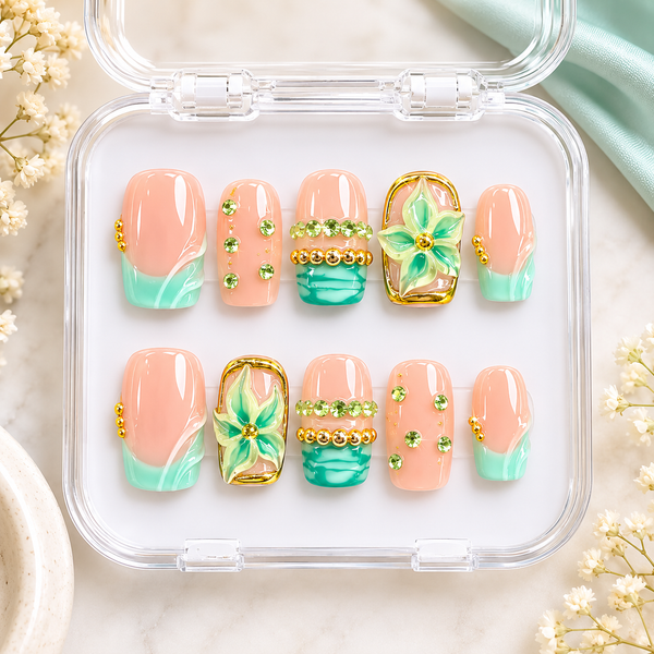 Mint Blossom Press-On Nails – Luxury Green Floral Nail Set