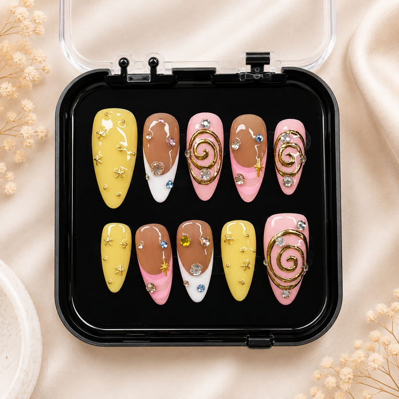 Candy Swirl Press-On Nails – Pink & Yellow Y2K Glam Nail Set