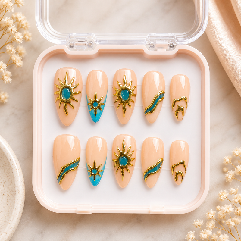 Golden Sunbeam Press-On Nails – Celestial Nude & Turquoise Nail Set