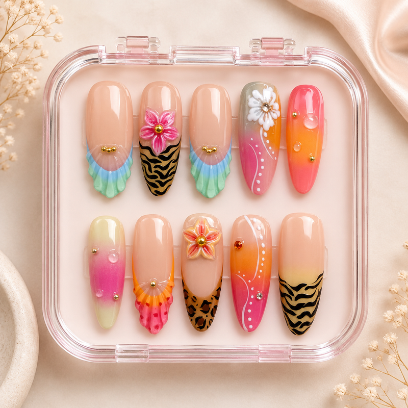 Sunset Safari Press-On Nails – Tropical Summer Glam Nail Set