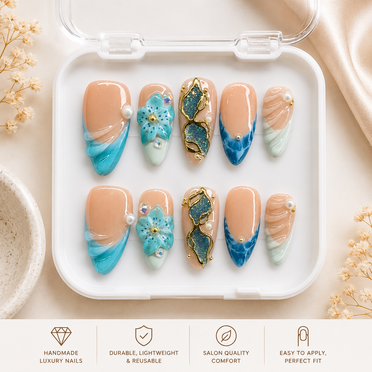 Ocean Pearl Press-On Nails – Luxury Blue Floral Beach Nail Set