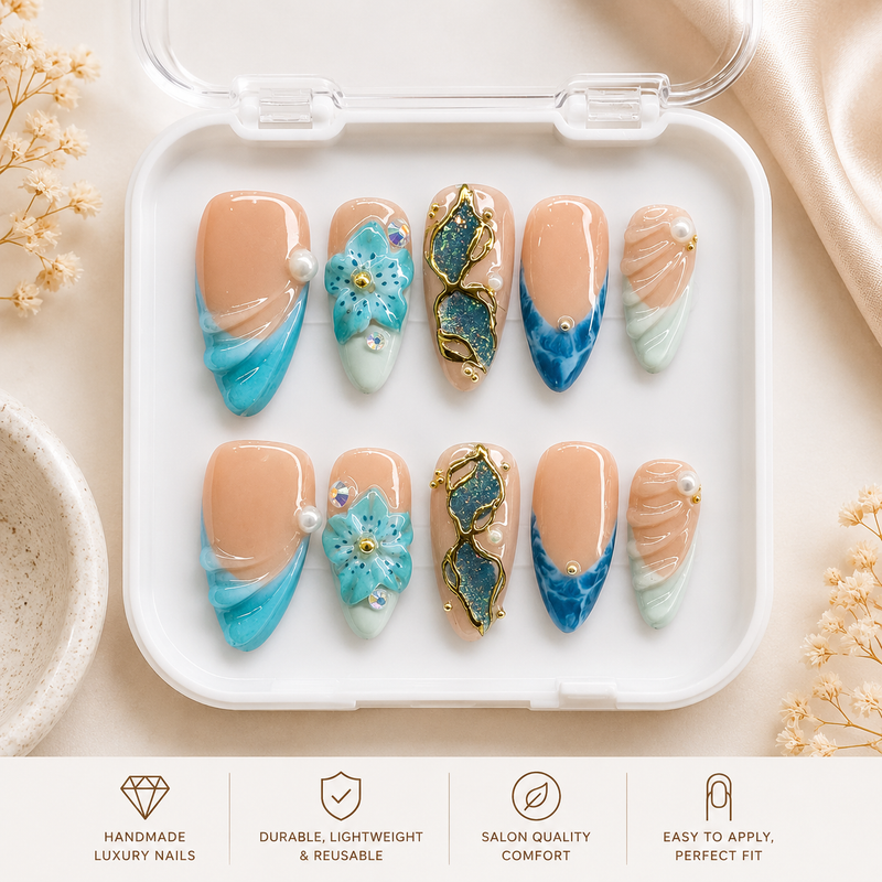 Ocean Pearl Press-On Nails – Luxury Blue Floral Beach Nail Set