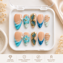 Ocean Pearl Press-On Nails, Luxury Blue Floral Beach Nail Set