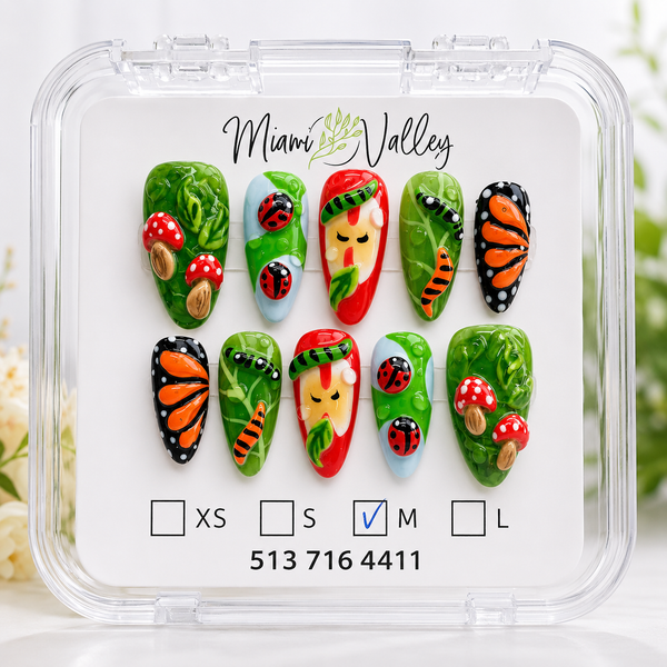 Enchanted Forest Press-On Nails | Handmade Butterfly, Ladybug & Mushroom Nail Set