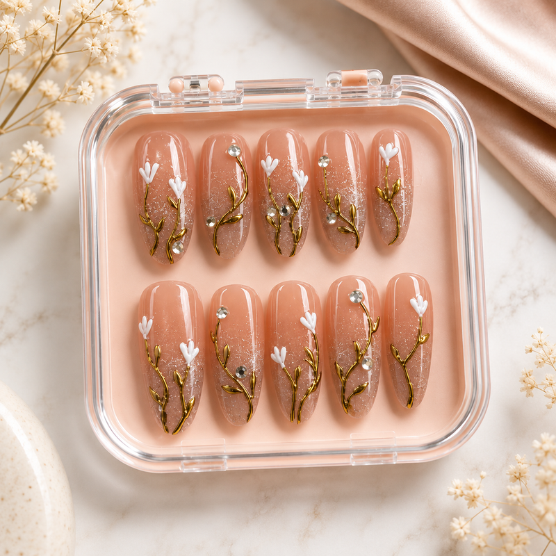 Blush Bloom Press-On Nails – Elegant Floral Nude Nail Set