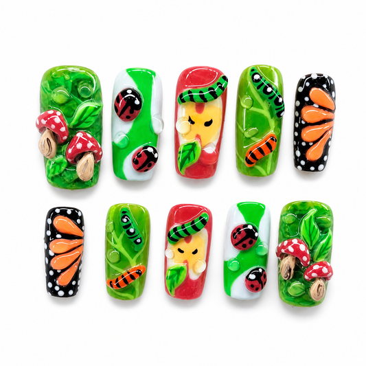 Enchanted Forest Press-On Nails | Handmade Butterfly, Ladybug & Mushroom Nail Set