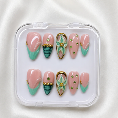 Mint Blossom Press-On Nails, Luxury Green Floral Nail Set