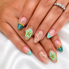 Mint Blossom Press-On Nails, Luxury Green Floral Nail Set