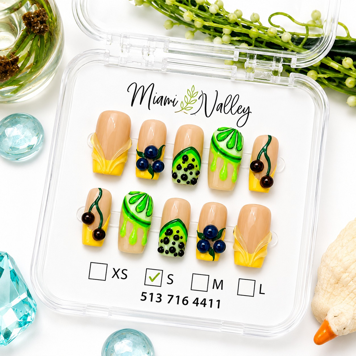 Fruit press on nails, cherry nails, kiwi nails handmade Press-On set