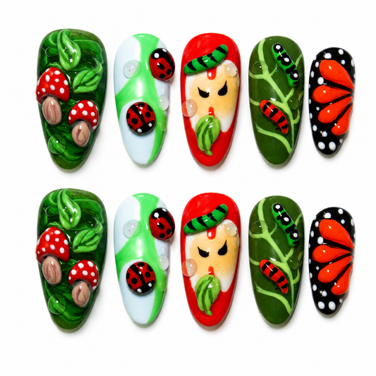 Enchanted Forest Press-On Nails | Handmade Butterfly, Ladybug & Mushroom Nail Set