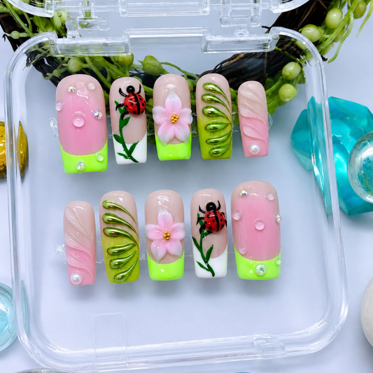 Ladybug Bloom Press-On Nails, Cute Spring Garden Nail Set