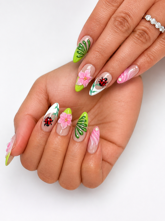 Ladybug Bloom Press-On Nails, Cute Spring Garden Nail Set