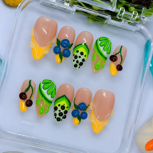 Fruit Press on Nails, Cherry Nails, Kiwi Nails Handmade Press-On Set