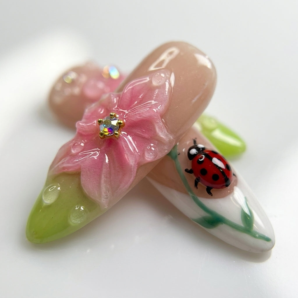 Ladybug Bloom Neon Ombre Nails