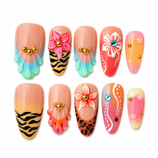 Sunset Safari Press-On Nails, Tropical Summer Glam Nail Set